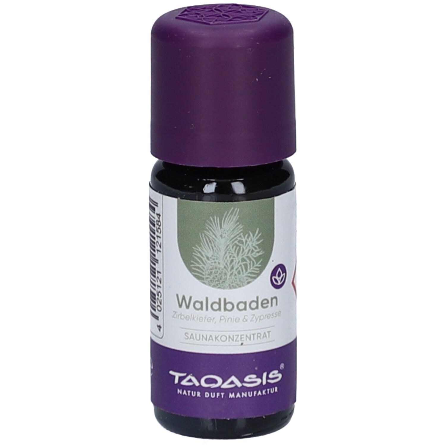Kleine Flasche mit lila Deckel. Aufschrift: SAUNA KONZENTRAT Waldbaden. Marke TAOASIS. Grün-weiße Abbildung eines Nadelbaums.