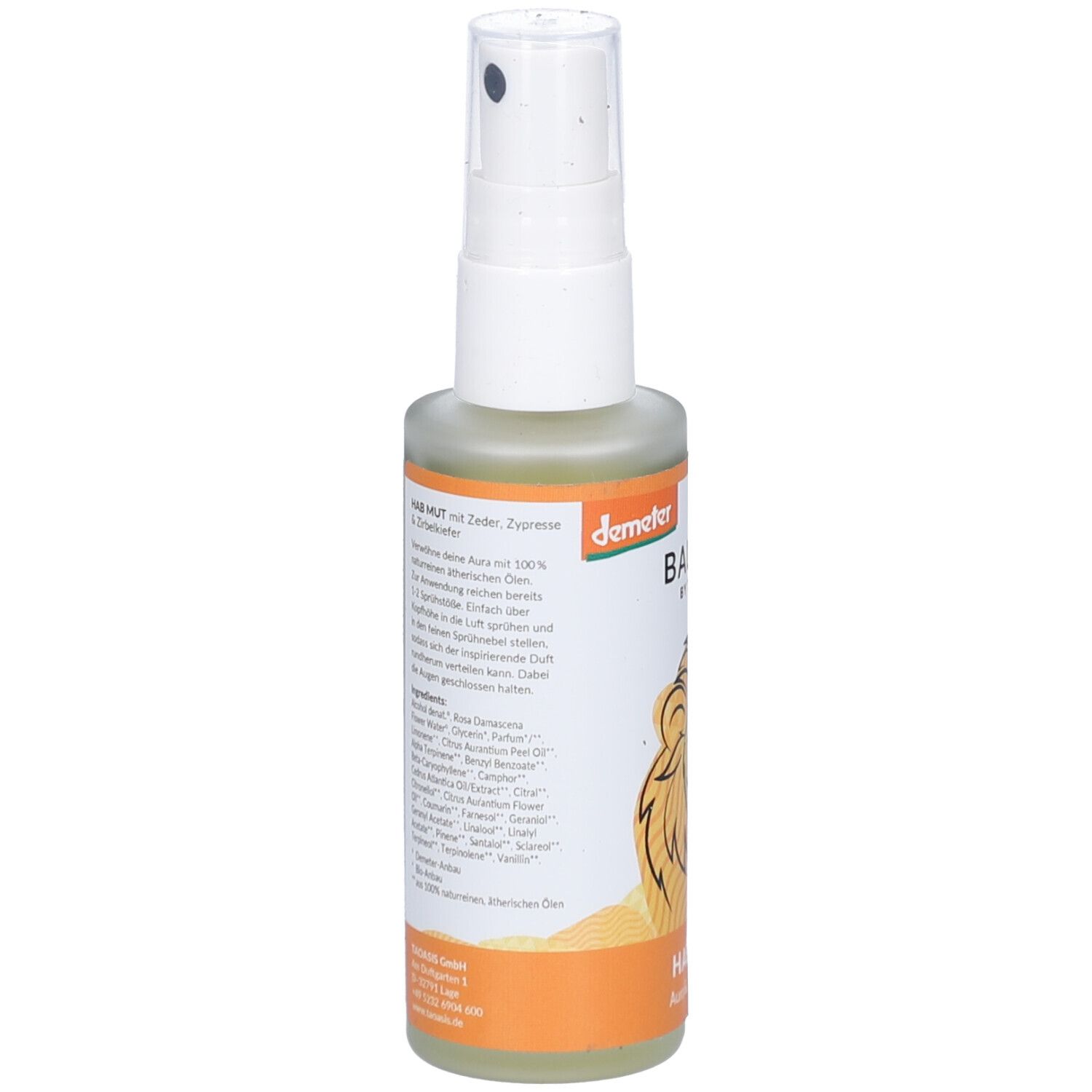 Auraspray-Flasche, Rückseite mit Text. Zutatenliste und weitere Informationen. Weißer Sprühkopf, orangefarbener Streifen am Boden.