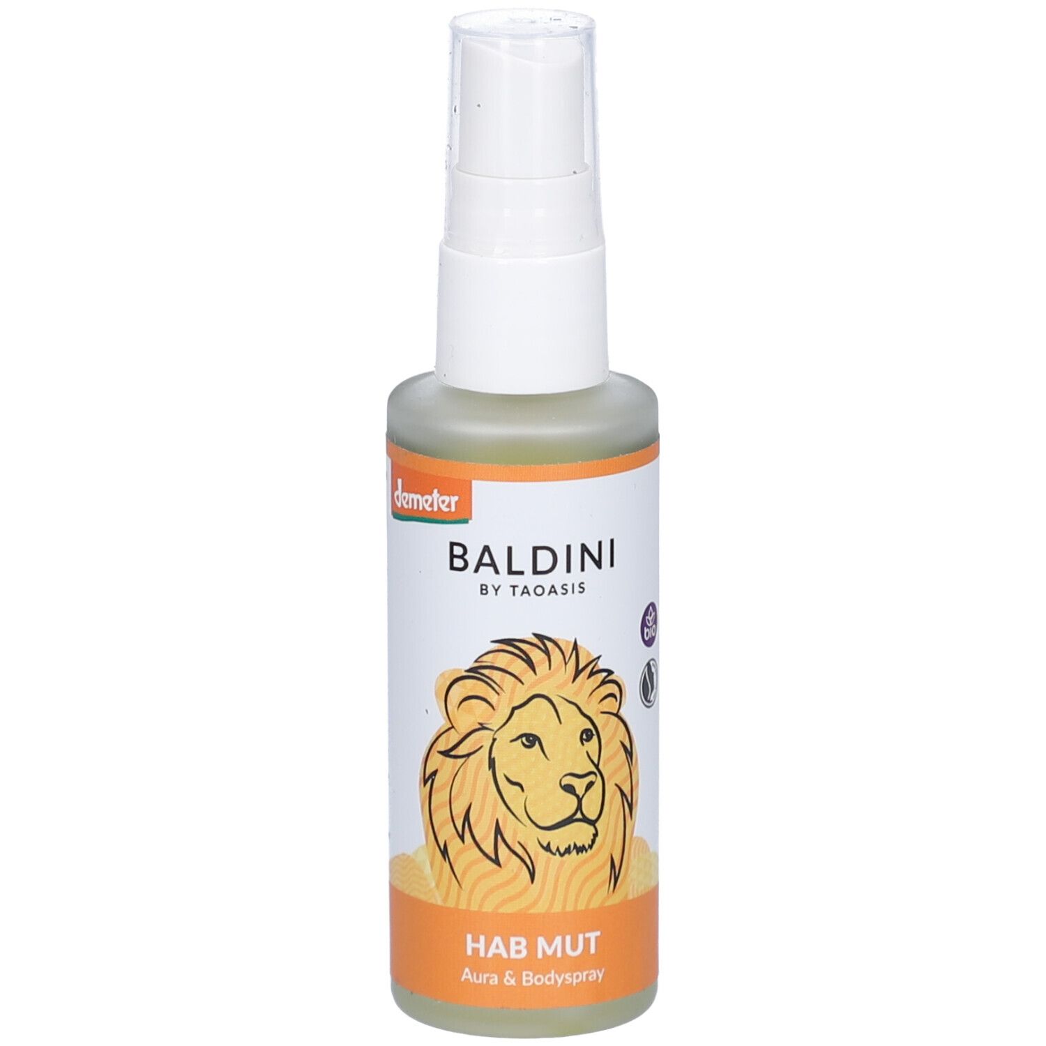 Auraspray-Flasche mit weißem Sprühkopf. Aufschrift: BALDINI, HAB MUT. Abbildung eines Löwen. Demeter-Siegel.