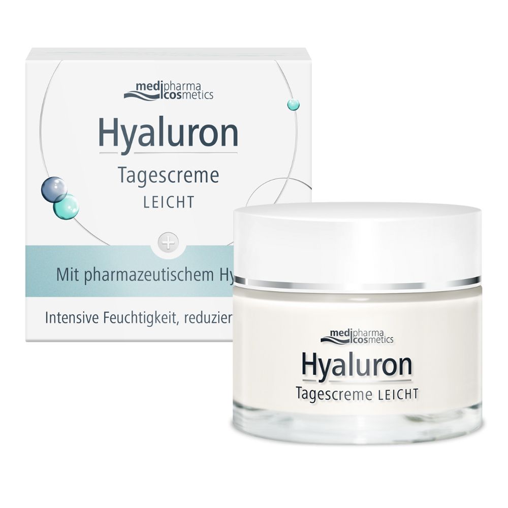 Creme-Tiegel und Verpackung. Aufschrift: Hyaluron Tagescreme LEICHT. Marke: medipharma cosmetics.