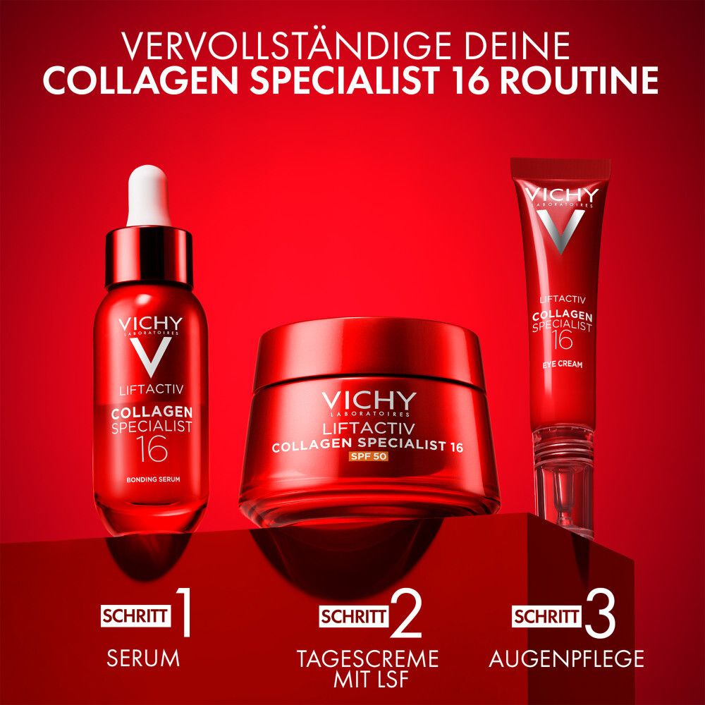 Vichy Liftactiv Collagen Specialist 16 Produkte: Serum, Tagescreme mit LSF, Augenpflege.