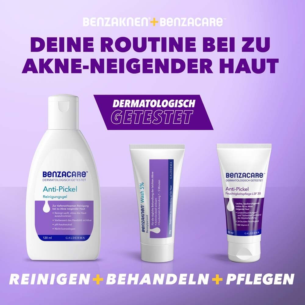 Drei BENZACARE™ Produkte: Reinigungsgel, Wash 5% und Anti-Pickel Feuchtigkeitspflege LSF 30. Lila Hintergrund.