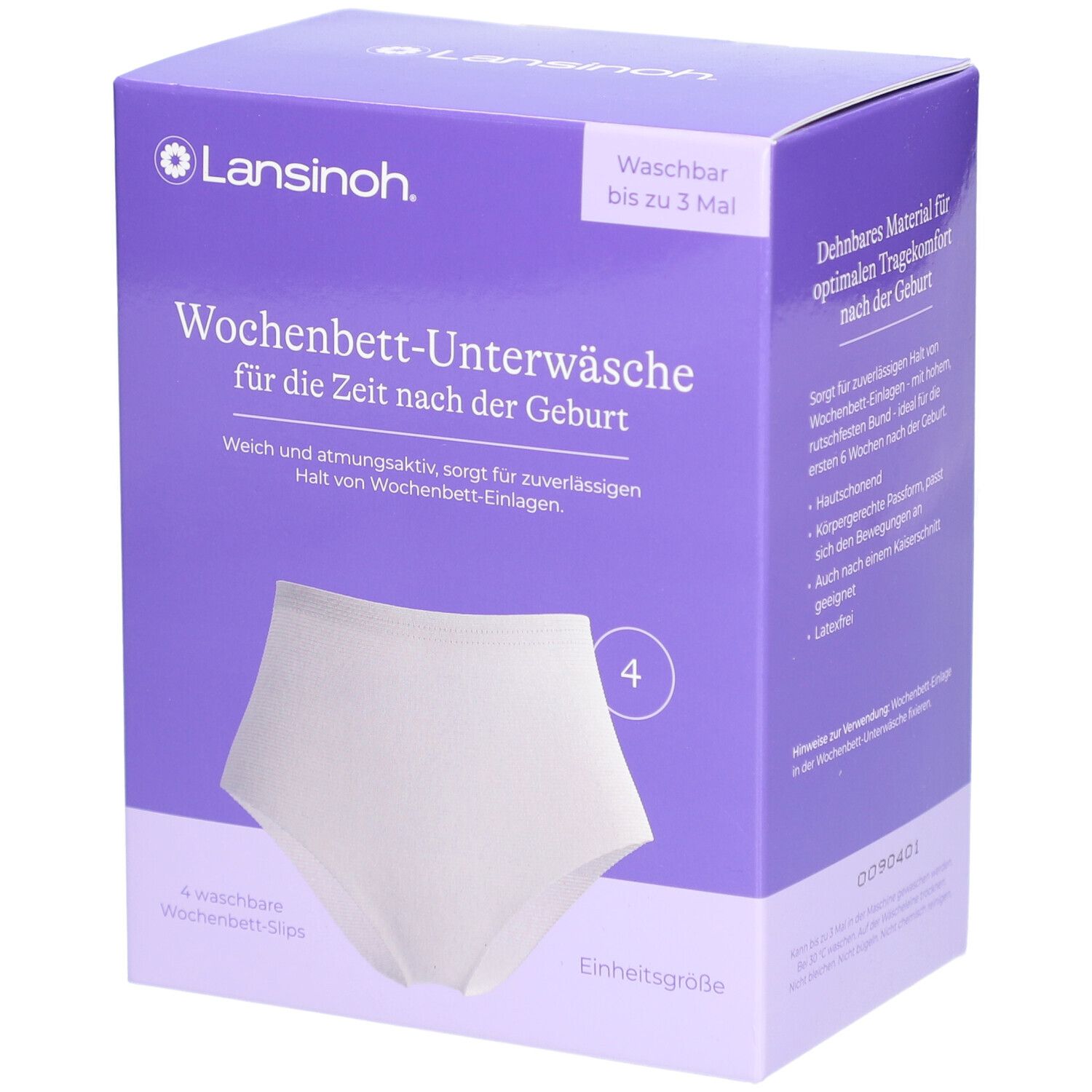 Lila Verpackung mit Lansinoh-Logo. Enthält 4 weiße Wochenbett-Slips. Text: Wochenbett-Unterwäsche, Einheitsgröße.