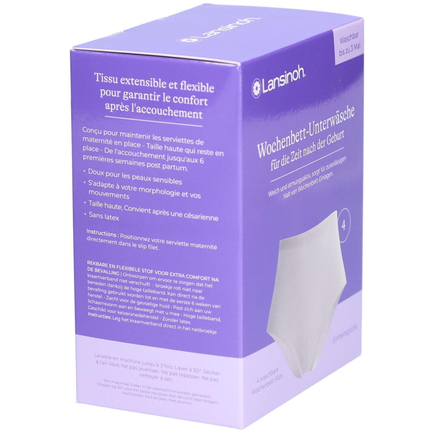 Lila Verpackung mit Lansinoh-Logo. Enthält 4 weiße Wochenbett-Slips. Text: Wochenbett-Unterwäsche, Einheitsgröße.