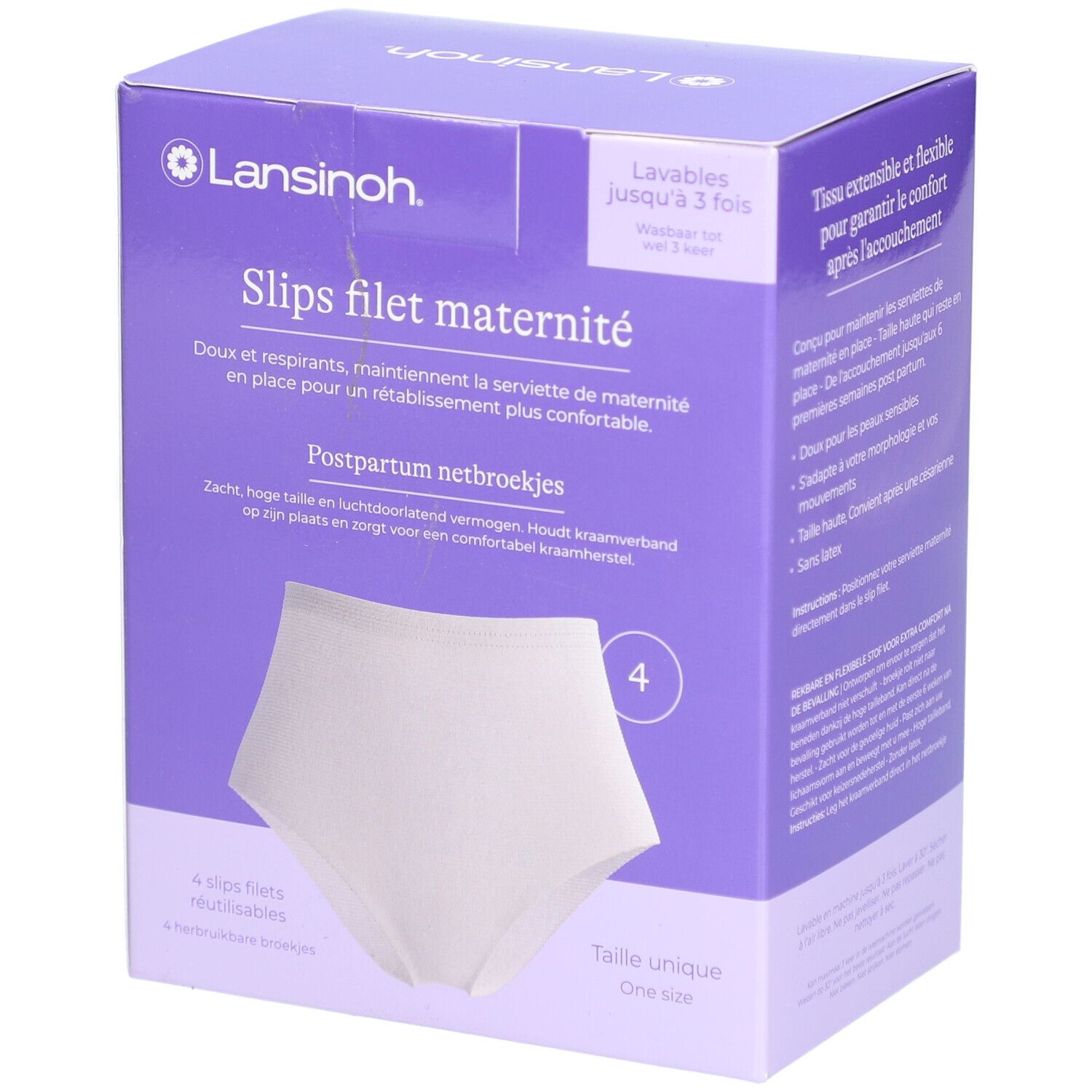 Lila Verpackung mit Lansinoh-Logo. Enthält 4 weiße Wochenbett-Slips. Text: Wochenbett-Unterwäsche, Einheitsgröße.