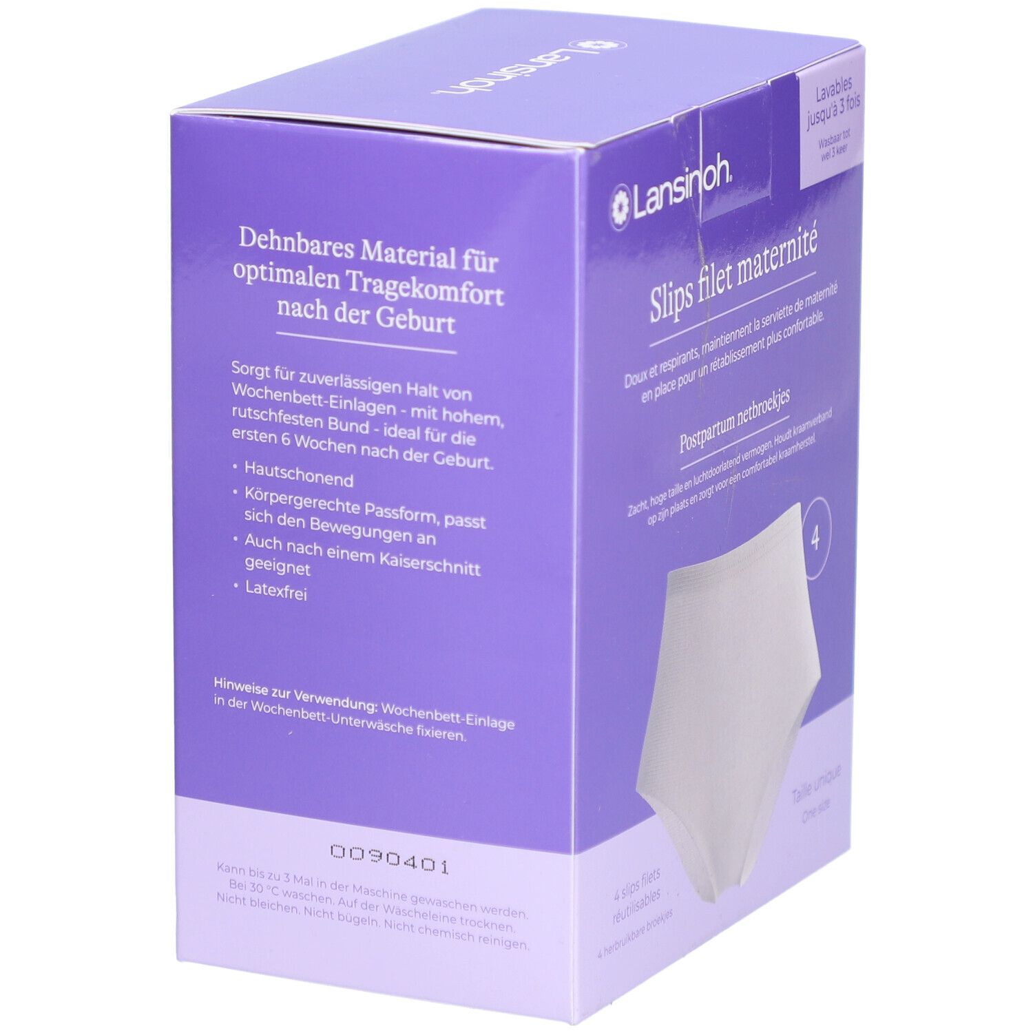 Lila Verpackung mit Lansinoh-Logo. Enthält 4 weiße Wochenbett-Slips. Text: Wochenbett-Unterwäsche, Einheitsgröße.