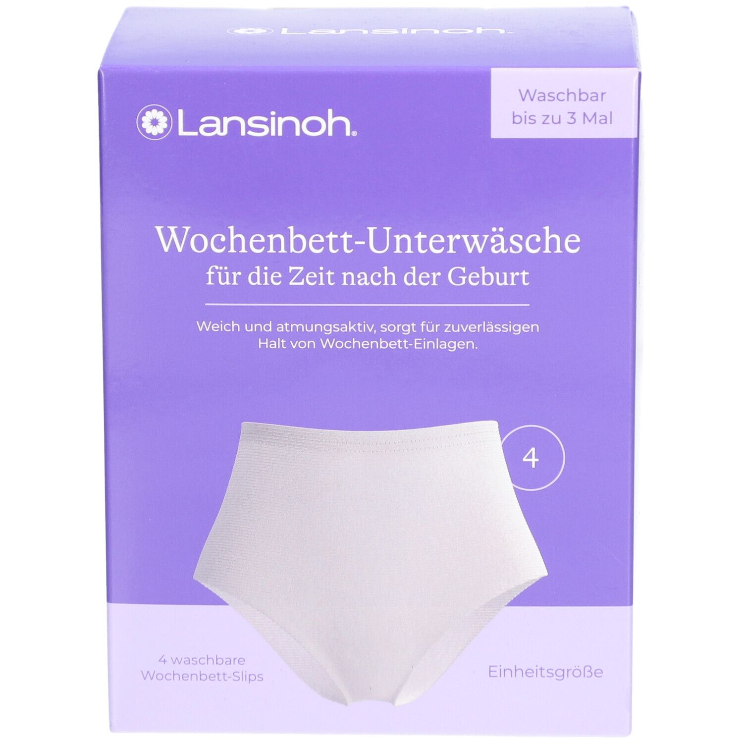 Lila Verpackung mit Lansinoh-Logo. Enthält 4 weiße Wochenbett-Slips. Text: Wochenbett-Unterwäsche, Einheitsgröße.