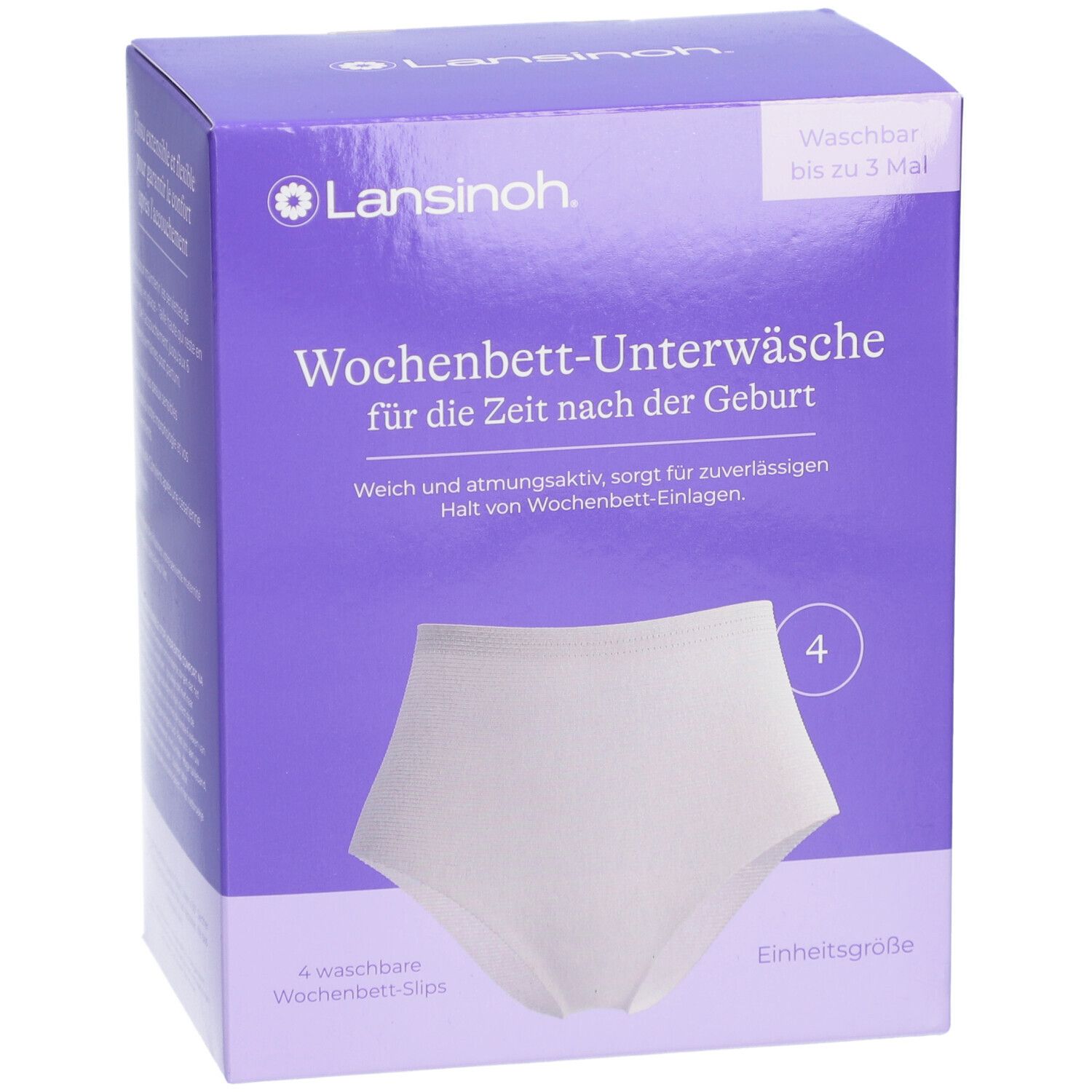Lila Verpackung mit Lansinoh-Logo. Enthält 4 weiße Wochenbett-Slips. Text: Wochenbett-Unterwäsche, Einheitsgröße.
