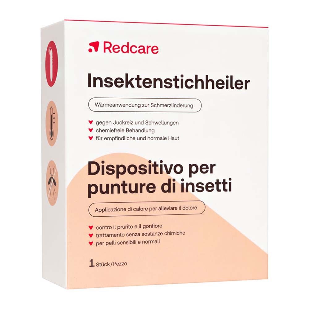 Verpackung des Redcare Insektenstichheilers. Text in Deutsch und Italienisch. 1 Stück/Pezzo.
