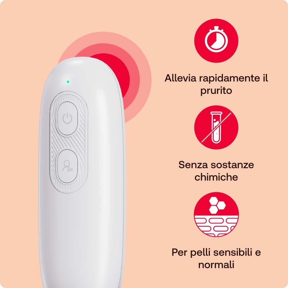Weißes, ovales Gerät mit zwei Knöpfen. Grafiken und Text in Italienisch.