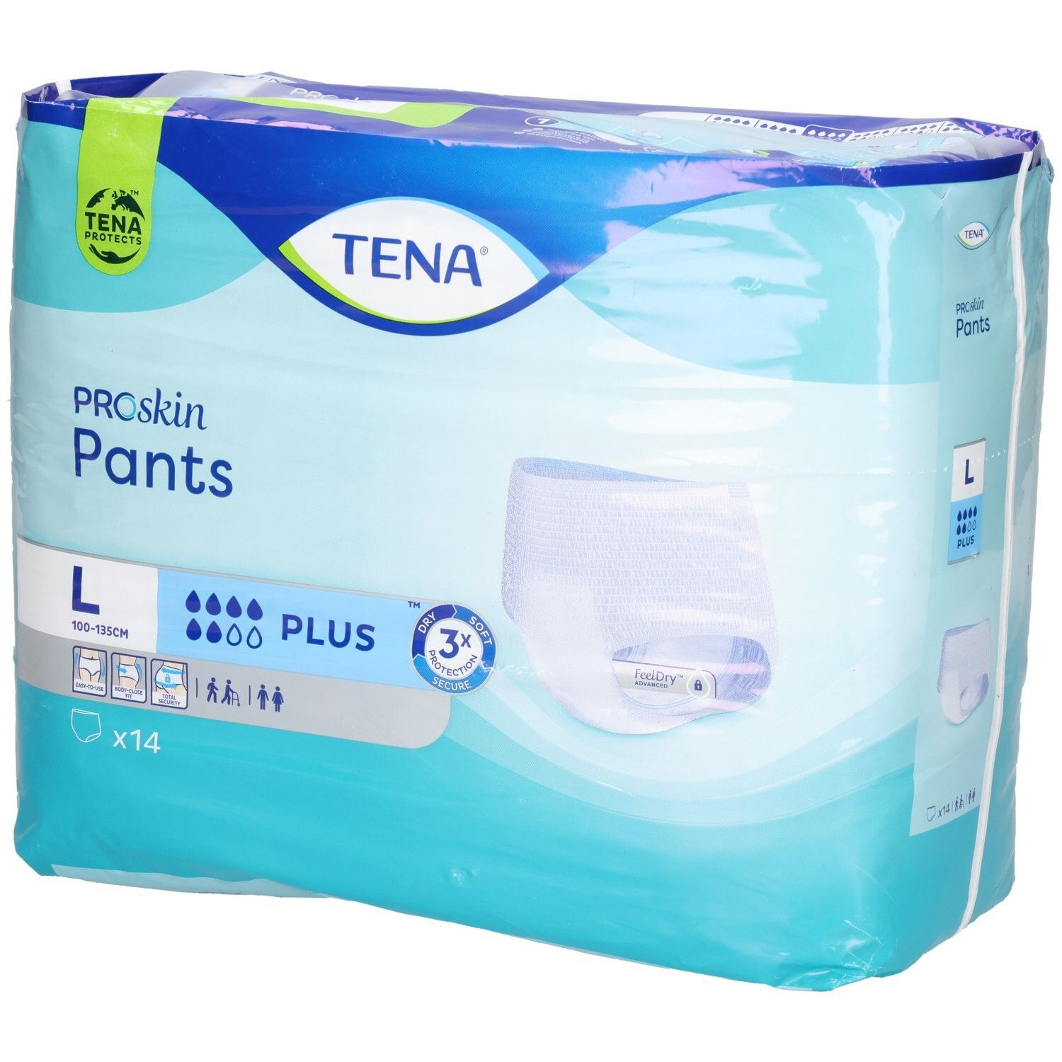 Verpackung TENA Proskin Pants Plus, Größe L. Blaue Verpackung mit Produktabbildung und Logo. Enthält 14 Stück.