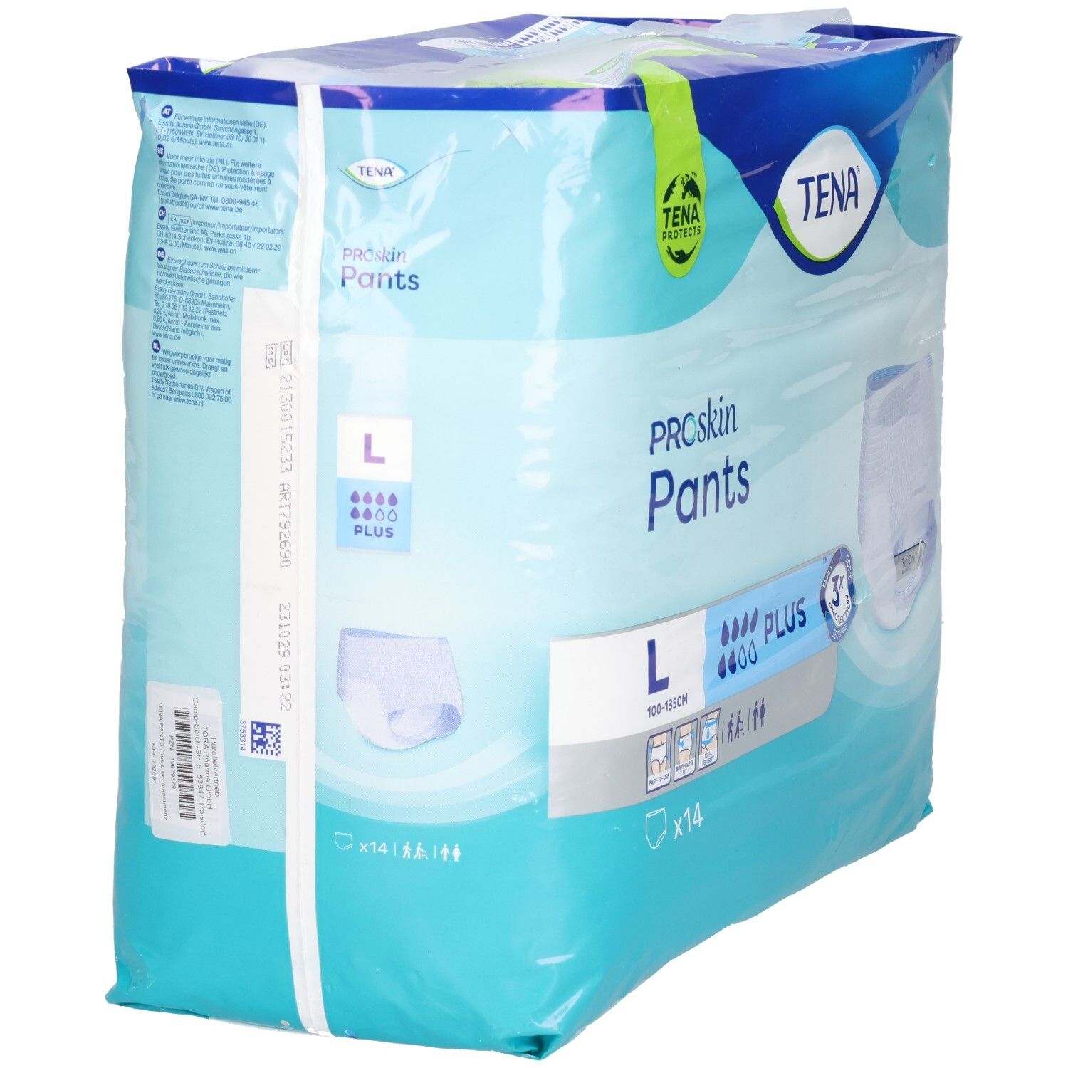 Verpackung TENA Proskin Pants Plus, Größe L. Blaue Verpackung mit Produktabbildung und Logo. Enthält 14 Stück.