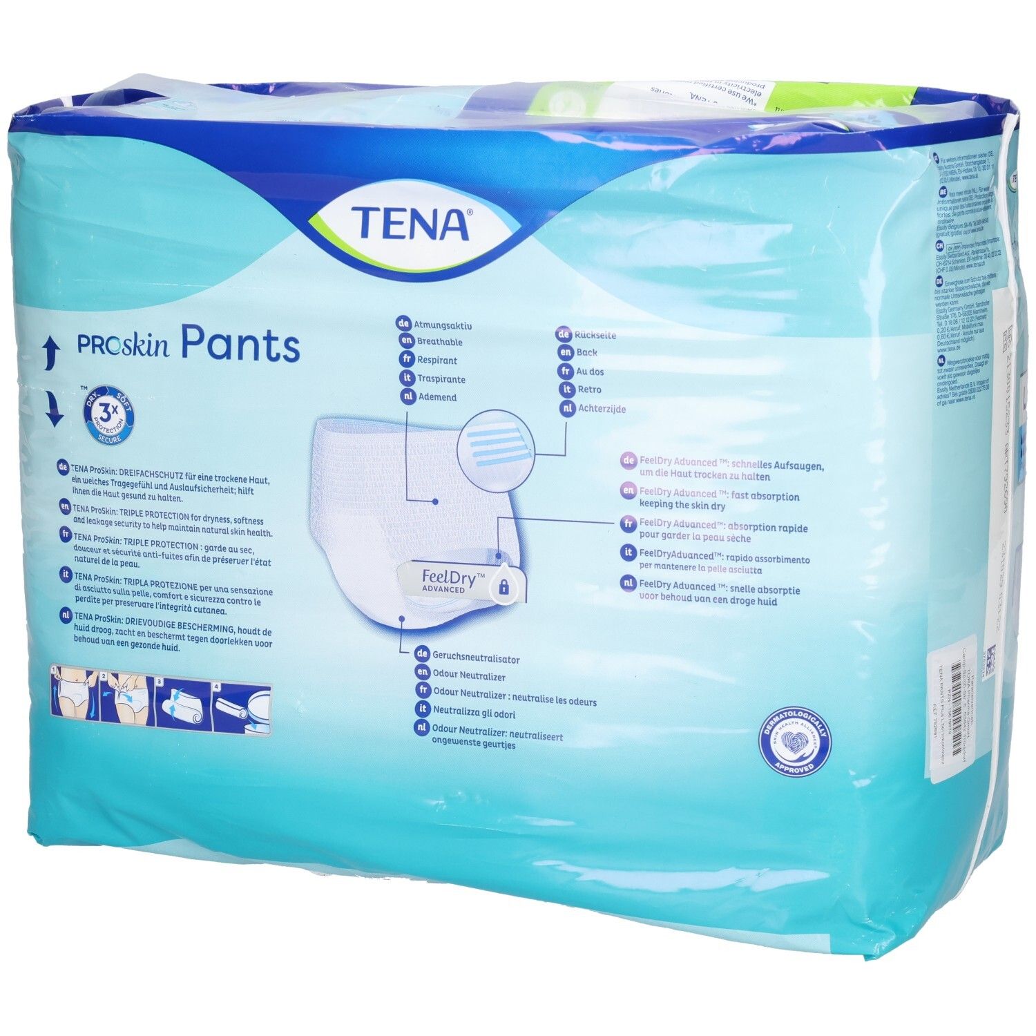 Rückseite der TENA Proskin Pants Plus Verpackung, Größe L. Blaue Verpackung mit Produktinformationen und Logo.