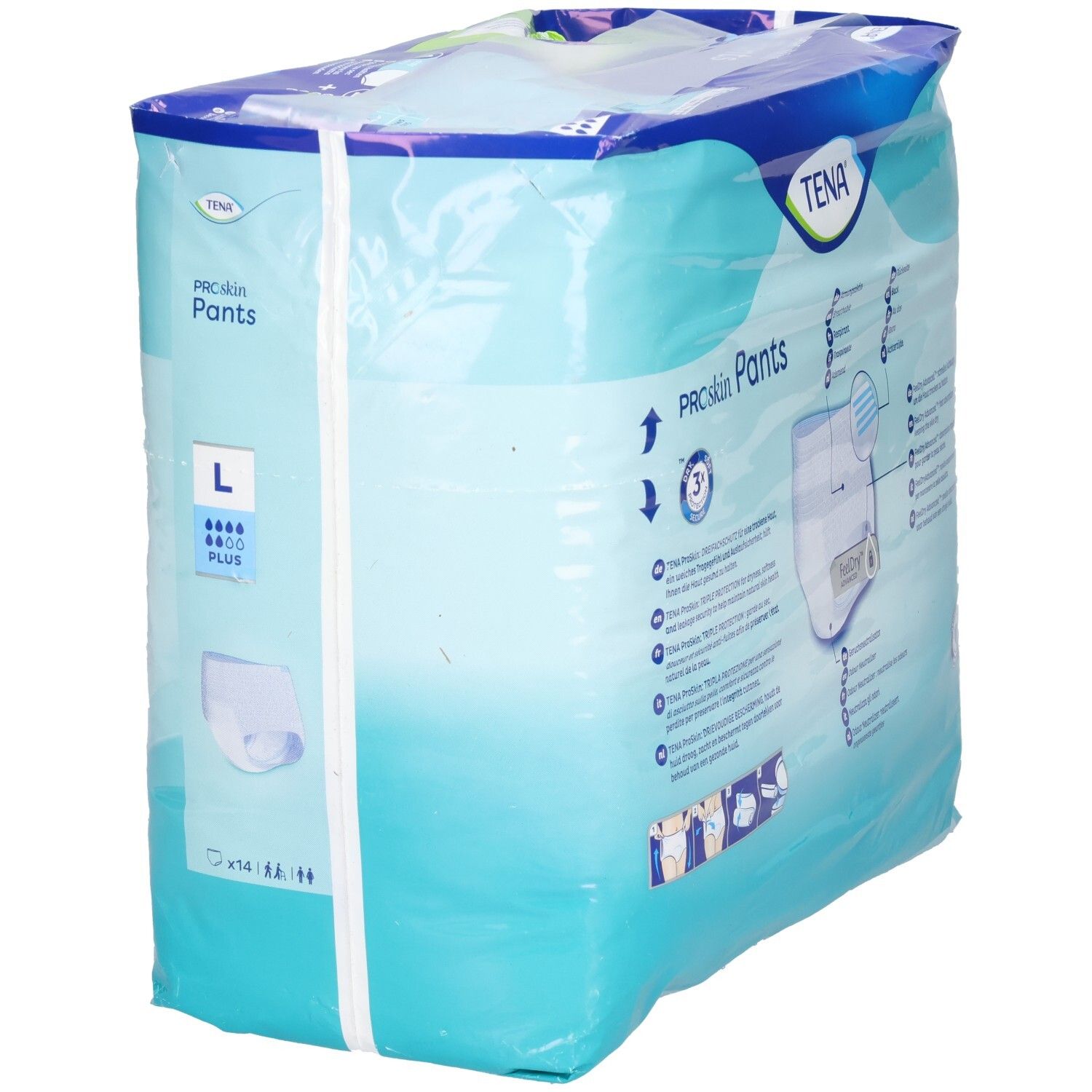 Verpackung TENA Proskin Pants Plus, Größe L. Blaue Verpackung mit Produktabbildung und Logo. Enthält 14 Stück.