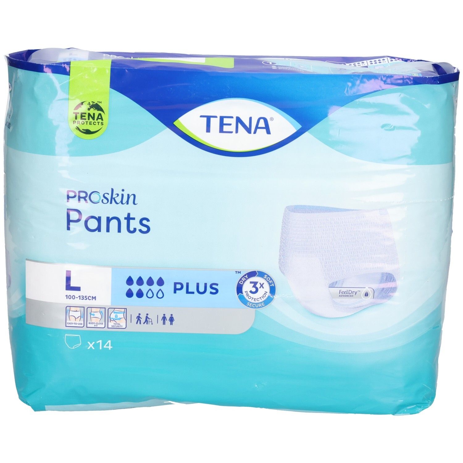 Verpackung TENA Proskin Pants Plus, Größe L. Blaue Verpackung mit Produktabbildung und Logo. Enthält 14 Stück.