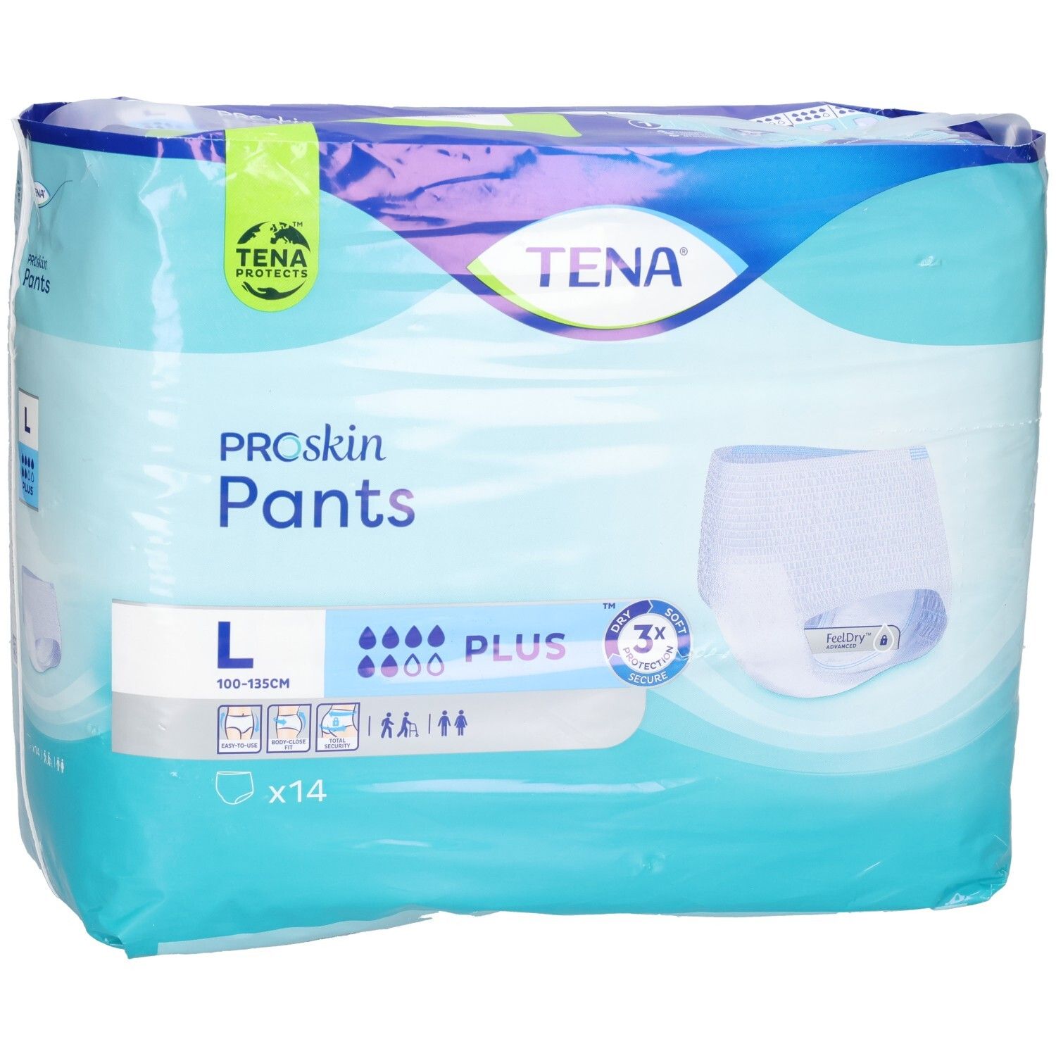 Verpackung TENA Proskin Pants Plus, Größe L. Blaue Verpackung mit Produktabbildung und Logo. Enthält 14 Stück.