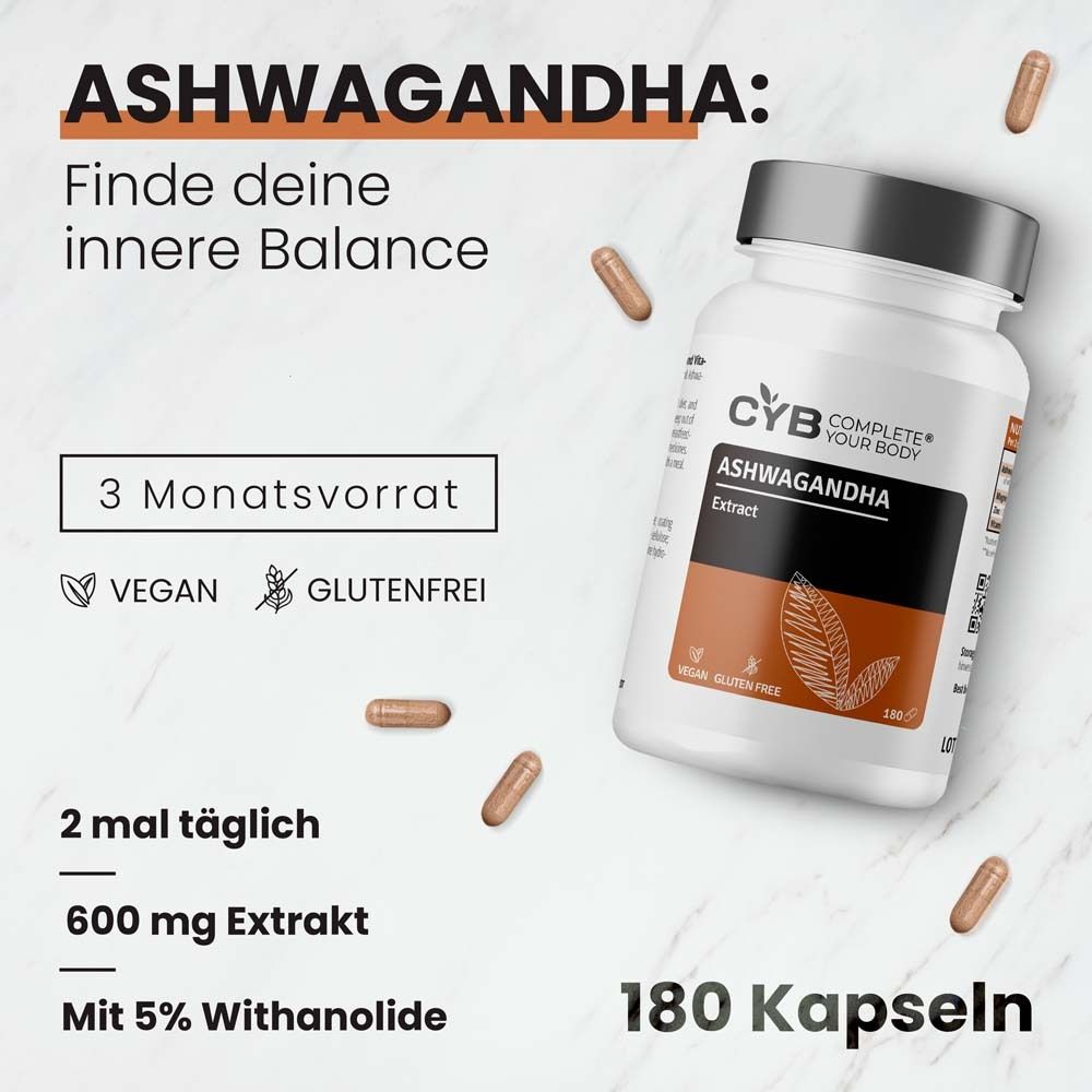 Werbebild mit Flasche und Kapseln. Text: ASHWAGANDHA, 3 Monatsvorrat, vegan, glutenfrei, 2 mal täglich, 600 mg Extrakt, 180 Kapseln.