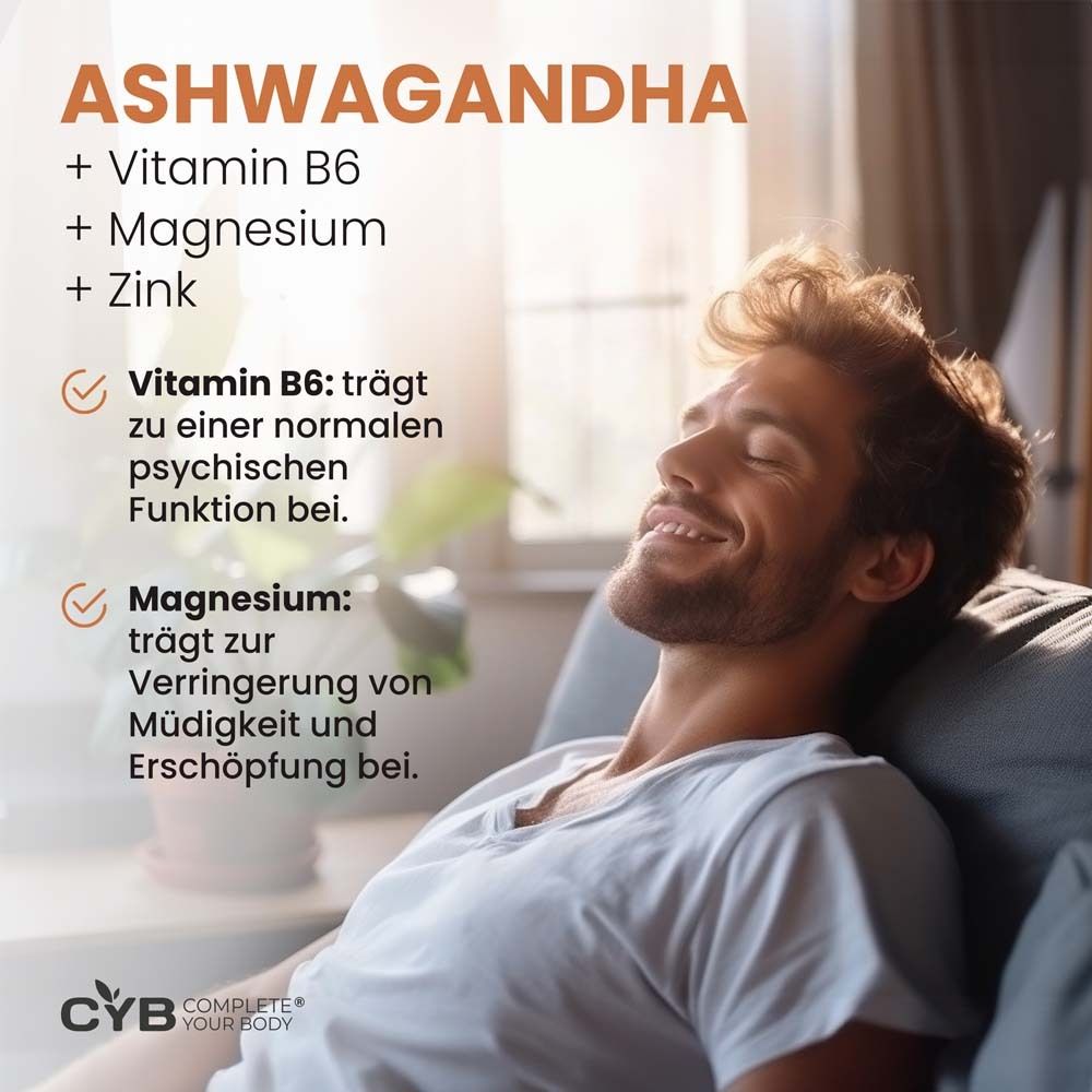 Mann sitzt entspannt. Text: ASHWAGANDHA + Vitamin B6 + Magnesium + Zink. Vitamin B6 für normale psychische Funktion. Magnesium gegen Müdigkeit.