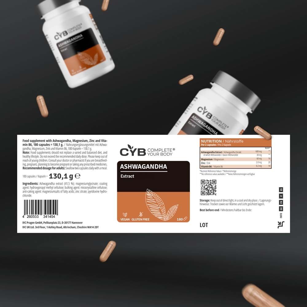 Produktflaschen und Kapseln. Text: CYB COMPLETE YOUR BODY, ASHWAGANDHA Extract, vegan, glutenfrei, 180 Kapseln. Nährwerttabelle.