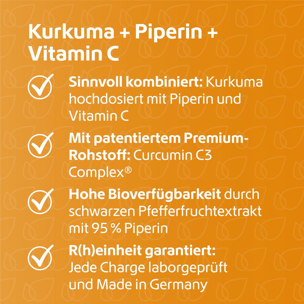 Text auf orangefarbenem Hintergrund. Kurkuma + Piperin + Vitamin C. Vorteile und Eigenschaften des Produkts.