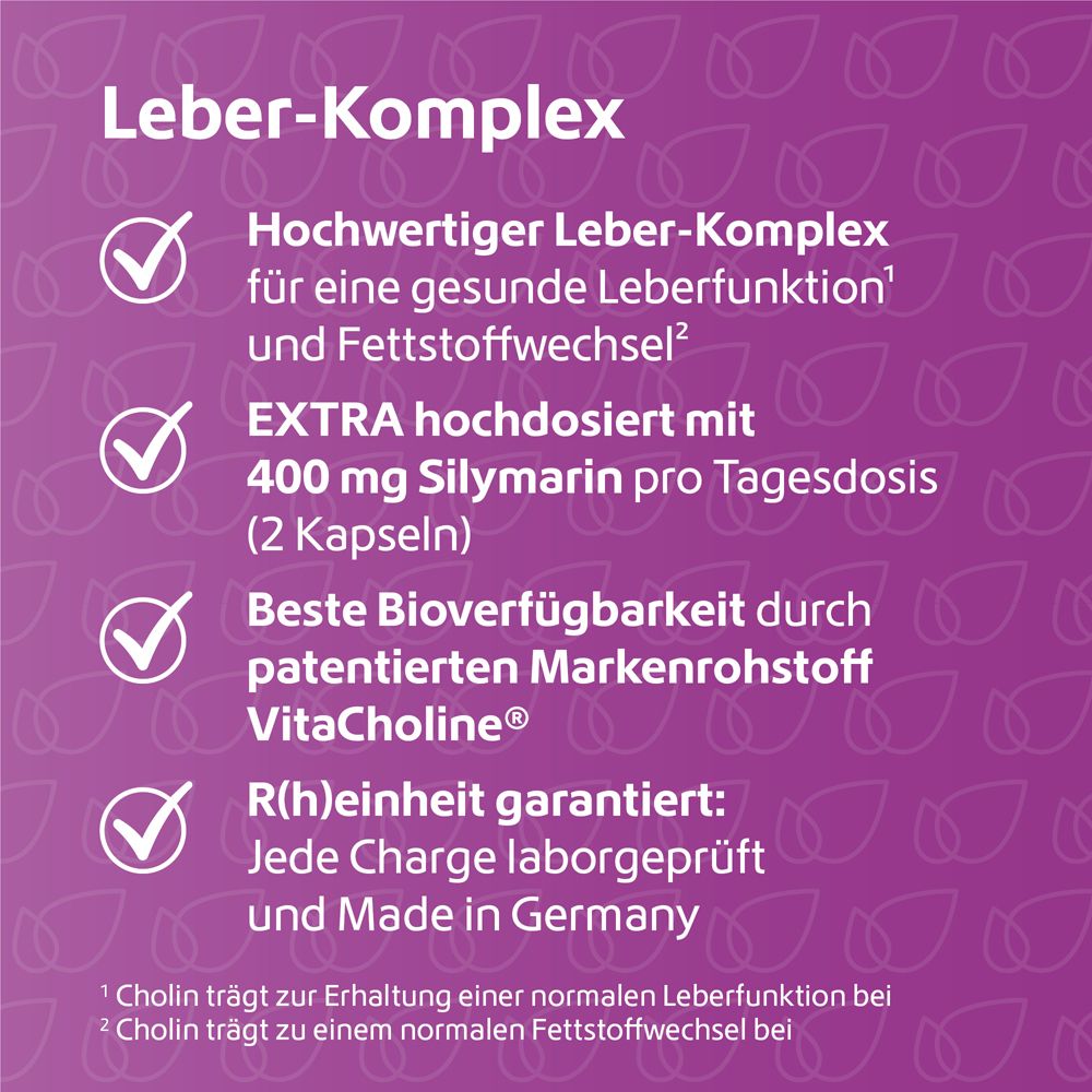 Text auf lila Hintergrund. Hochwertiger Leber-Komplex, extra hochdosiert mit 400 mg Silymarin. R(h)einheit garantiert.