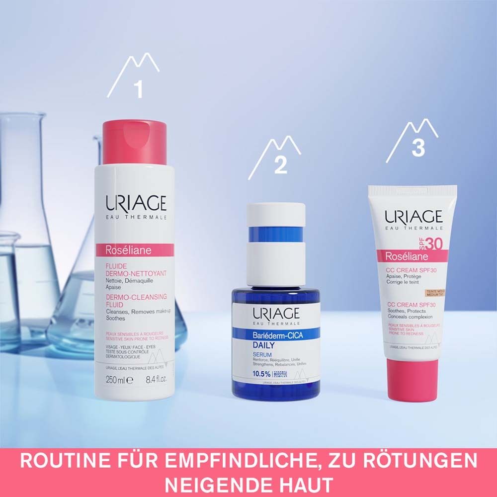 Drei Uriage Produkte: Roséliane Dermo-Reinigung Fluid, Bariéderm-CICA Daily Serum, Roséliane CC Creme SPF30. Routine für empfindliche Haut.