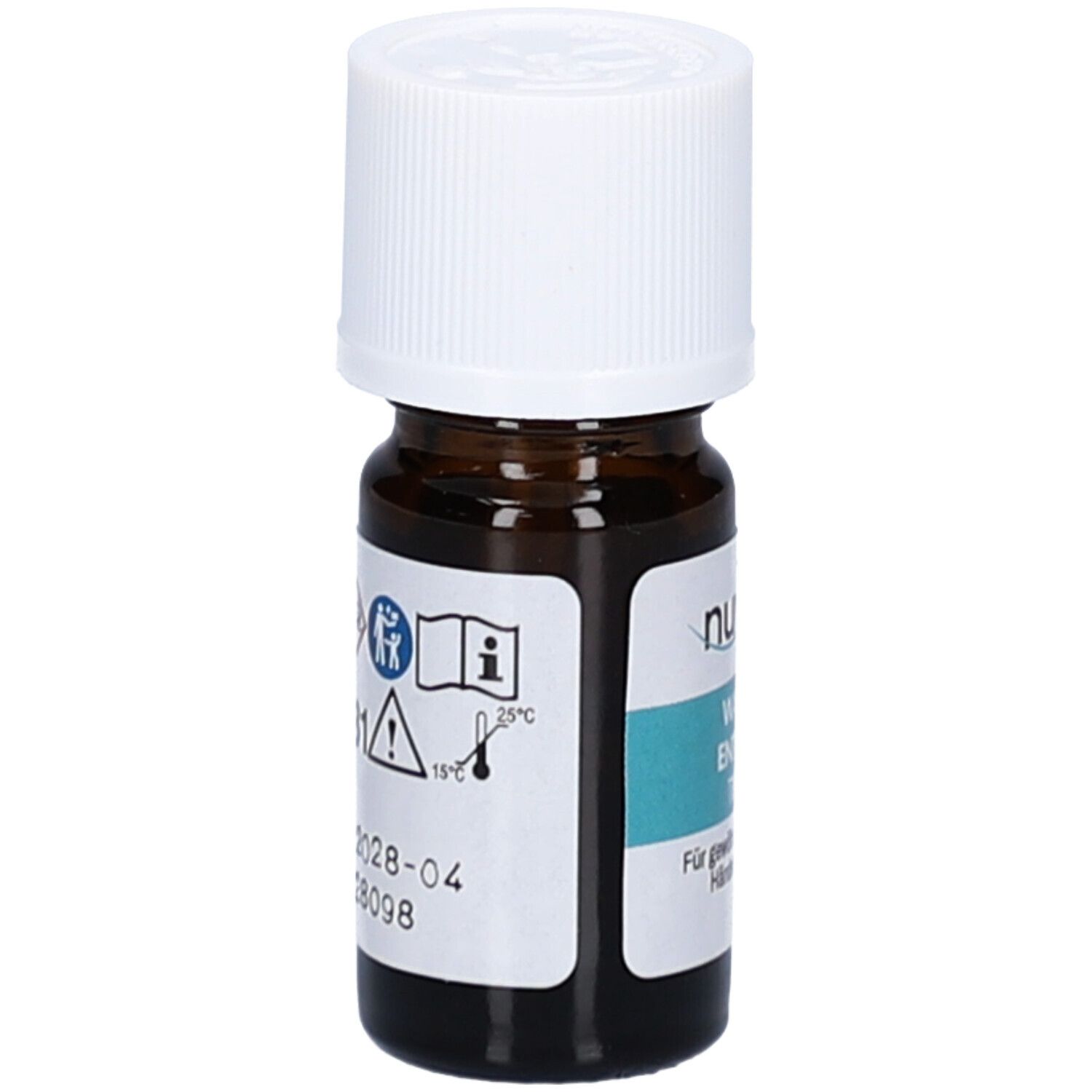 Braune Glasflasche mit weißem Schraubverschluss. Etikett mit Piktogrammen und Text. 2 ml.