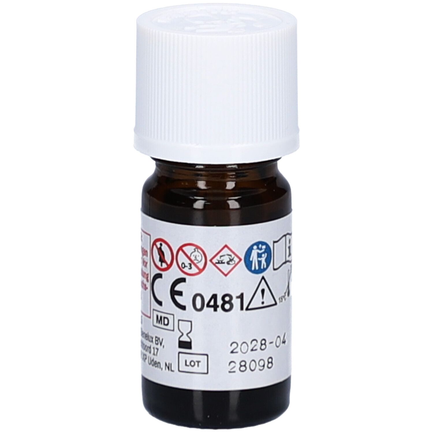 Braune Glasflasche mit weißem Schraubverschluss. Etikett mit CE-Kennzeichnung und Text. 2 ml.