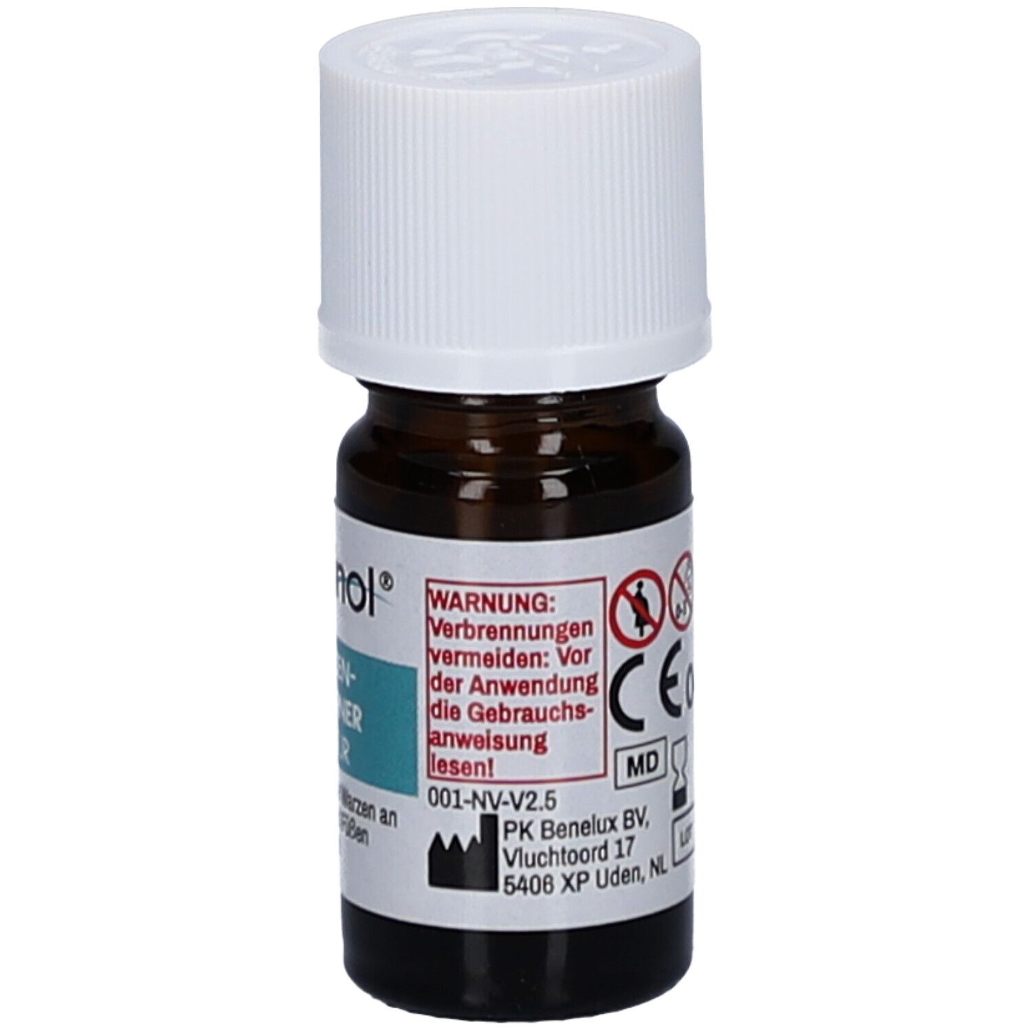 Braune Glasflasche mit weißem Schraubverschluss. Etikett mit Warnhinweisen und Text. 2 ml.