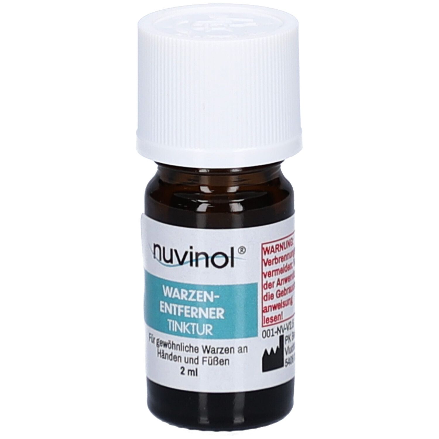 Braune Glasflasche mit weißem Schraubverschluss. Etikett mit Produktnamen und Text. 2 ml.