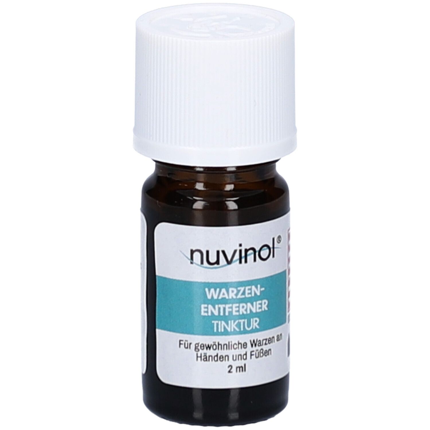 Braune Glasflasche mit weißem Schraubverschluss. Etikett mit Produktnamen und Text. 2 ml.