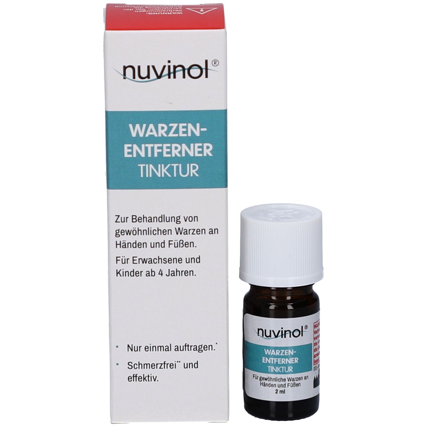 Produktflasche und Schachtel. Flasche: braunes Glas, weißer Verschluss. Schachtel: weiß, blau, rot. Text.