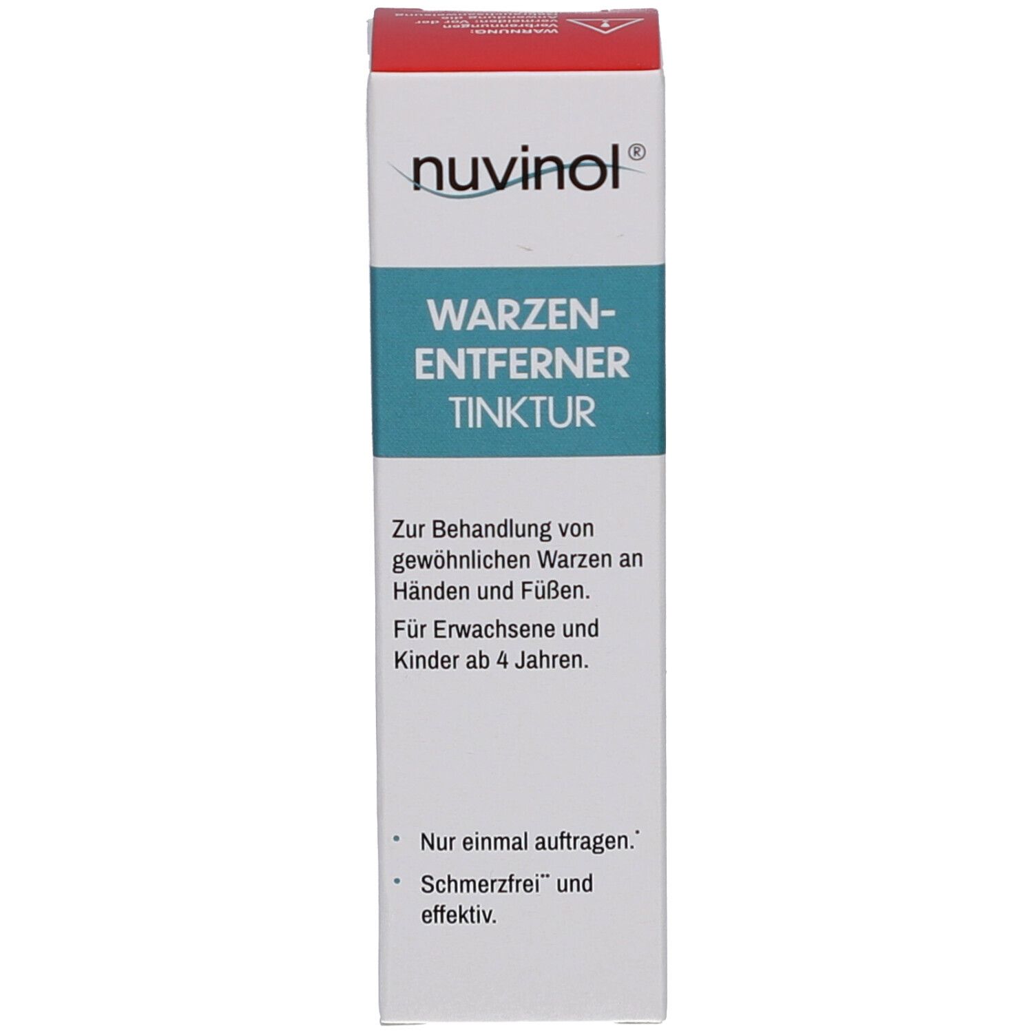 Produktverpackung. Weiße Schachtel mit blauem und rotem Text. Produktname und Text.