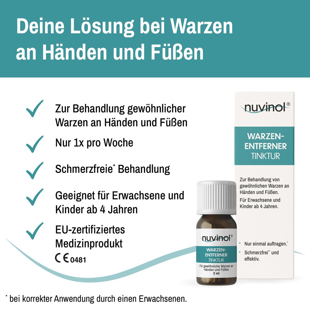 Produktflasche und Verpackung. Text: Behandlung von Warzen an Händen und Füßen. EU-zertifiziert.