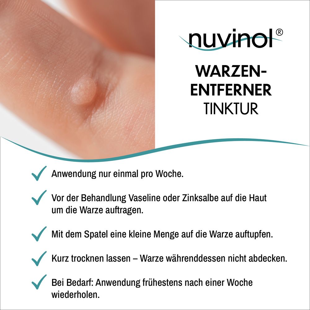 Nahaufnahme einer Warze am Finger. Produktname und Text.