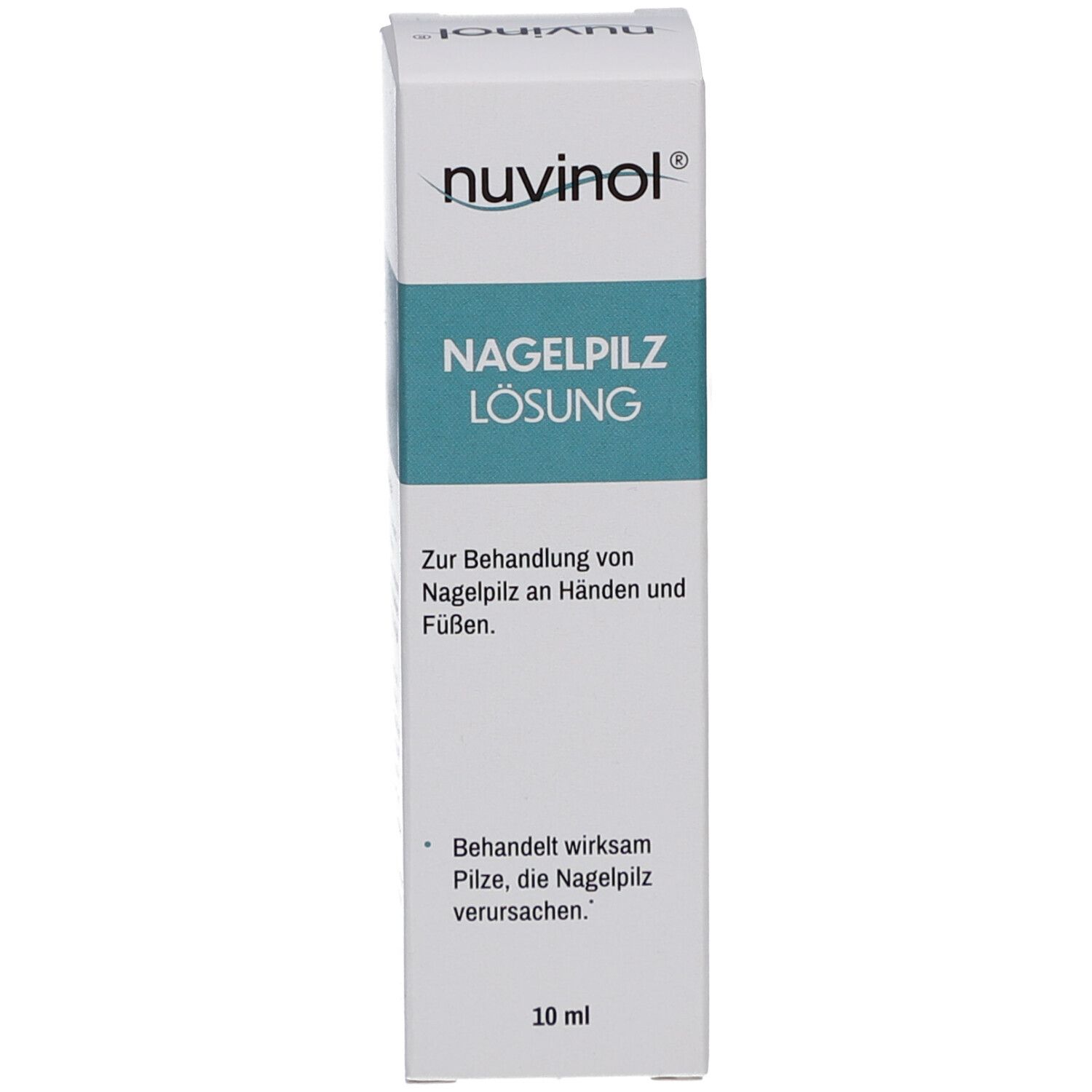 Weiße Schachtel mit Produktnamen und blauer Schrift: Nagelpilz Lösung. Text: Zur Behandlung von Nagelpilz an Händen und Füßen. 10 ml.