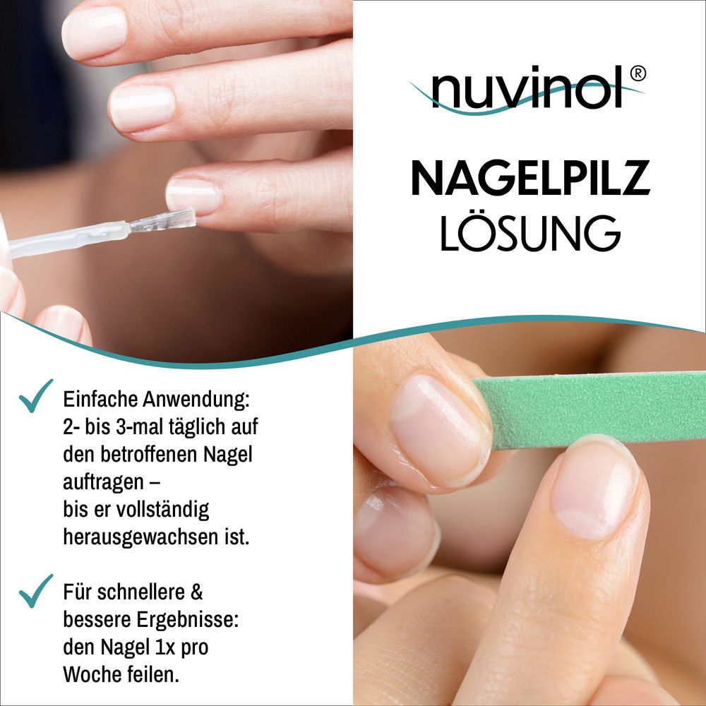 Anwendung des Produkts auf einem Nagel. Text: "Einfache Anwendung". Feile für Nägel.