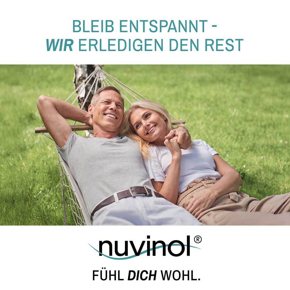 Paar in Hängematte. Produkt: nuvinol. Text: Bleib entspannt - wir erledigen den Rest. Fühl dich wohl.