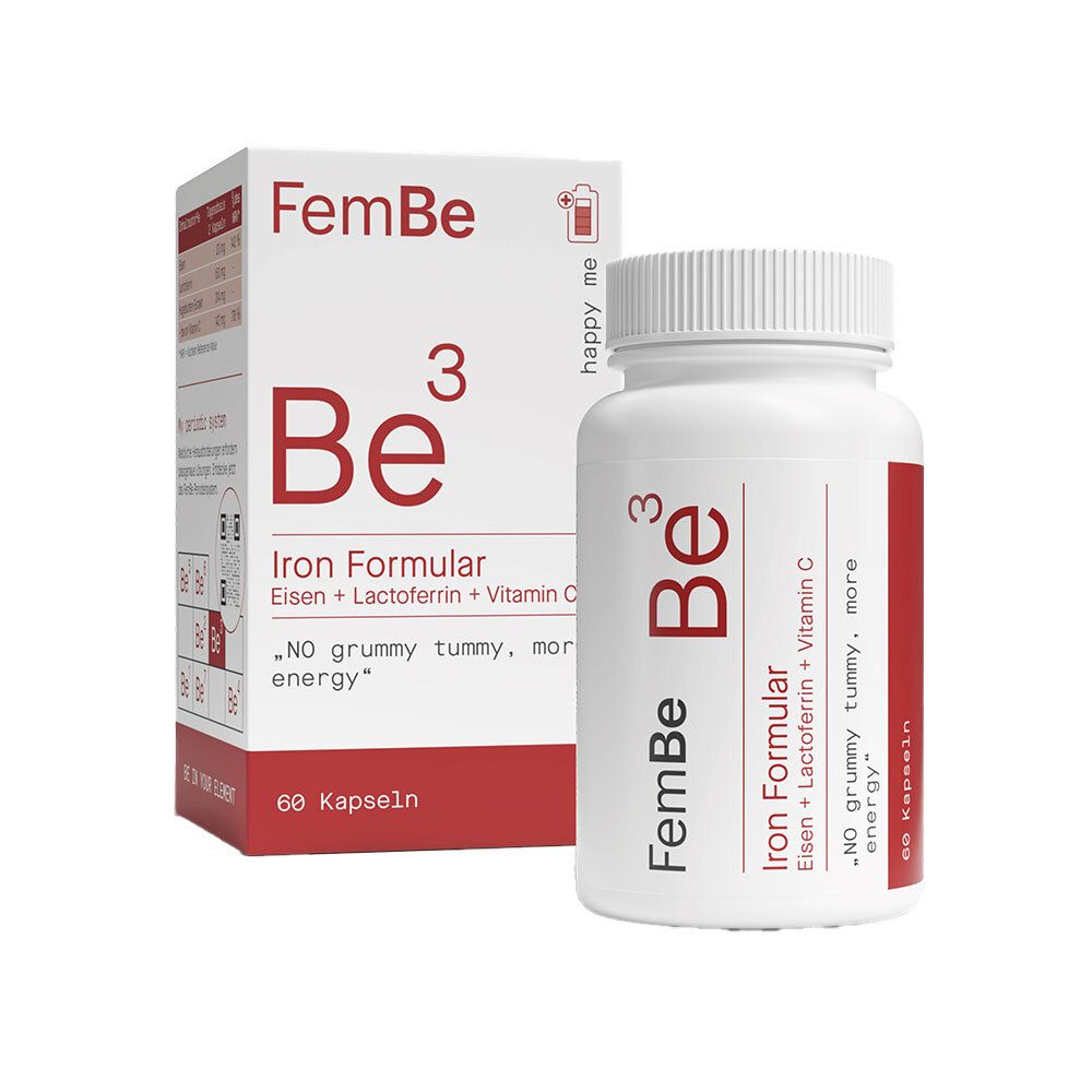 Weiße Flasche und Schachtel mit roter Beschriftung. Aufschrift: FemBe, Be3, Iron Formular, Eisen + Lactoferrin + Vitamin C. 60 Kapseln.