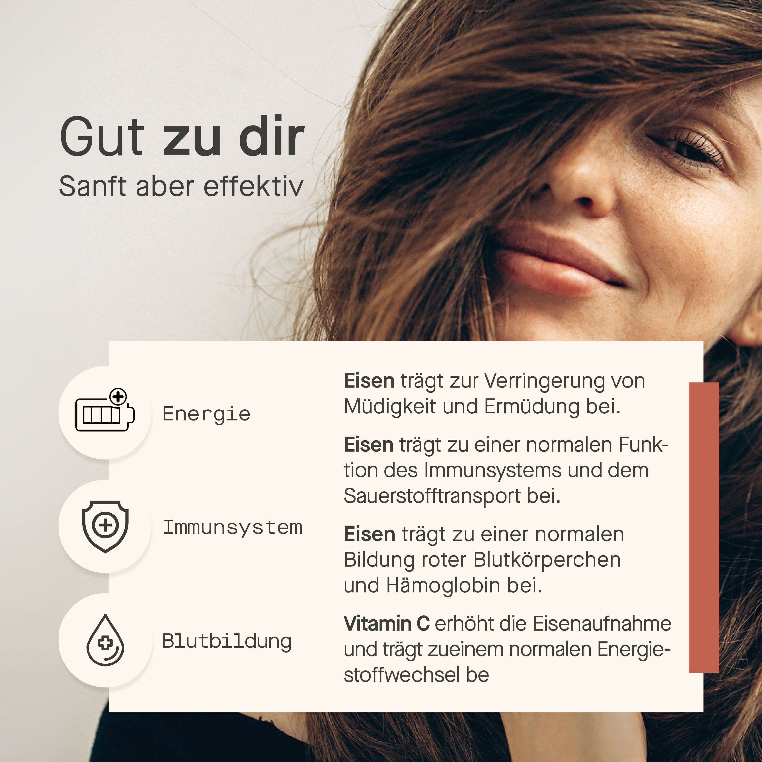 Frau mit Text. Text: Energie, Immunsystem, Blutbildung. Eisen für Müdigkeit, Sauerstofftransport, rote Blutkörperchen, Vitamin C.