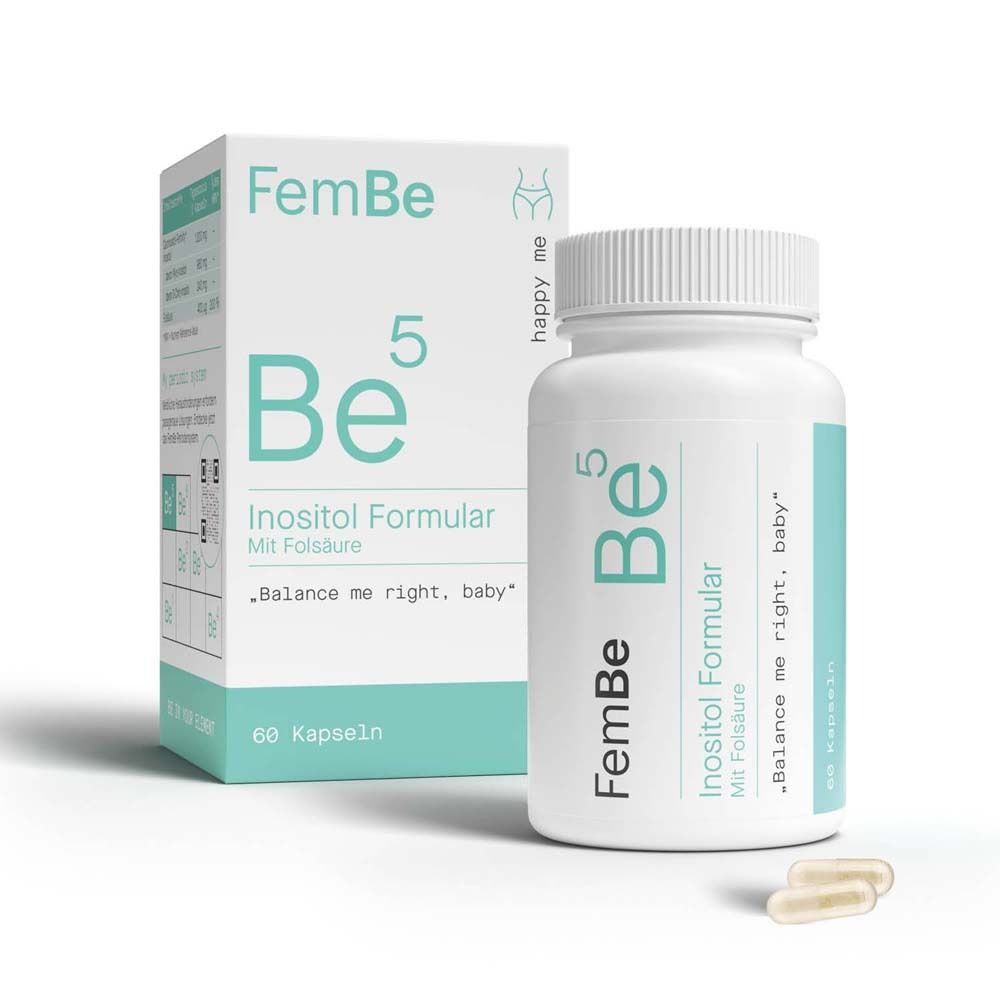 FemBe® 5 Inositol Formular mit Folsäure. Weiße Flasche und Schachtel. 60 Kapseln. Produktname und Logo sichtbar.
