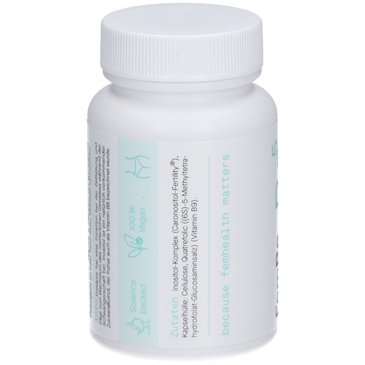 Weiße Flasche mit FemBe 5. Aufschrift: Zutaten, 100% Vegan, Science backed.