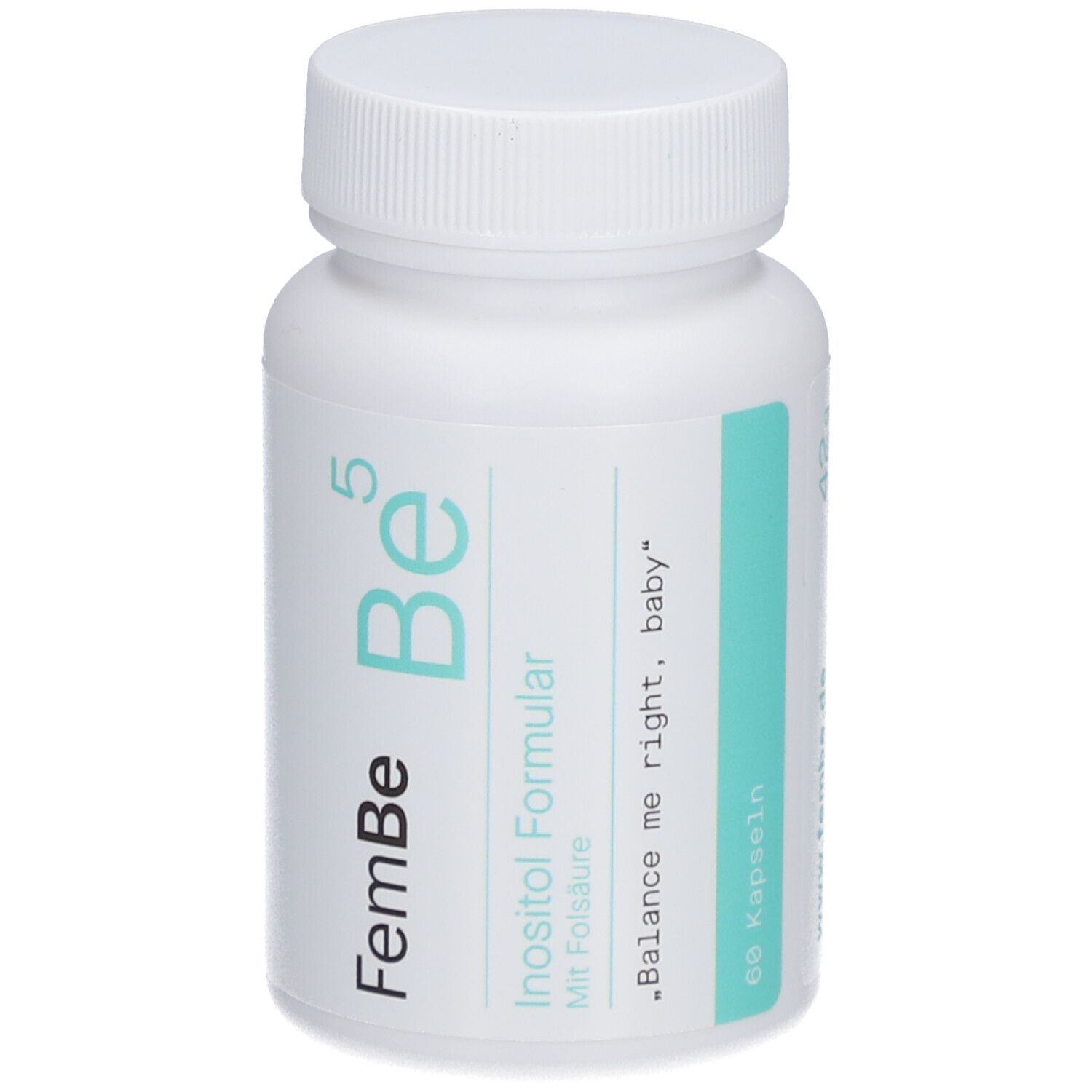 Weiße Flasche mit FemBe 5 Inositol Formular. Aufschrift: 60 Kapseln.