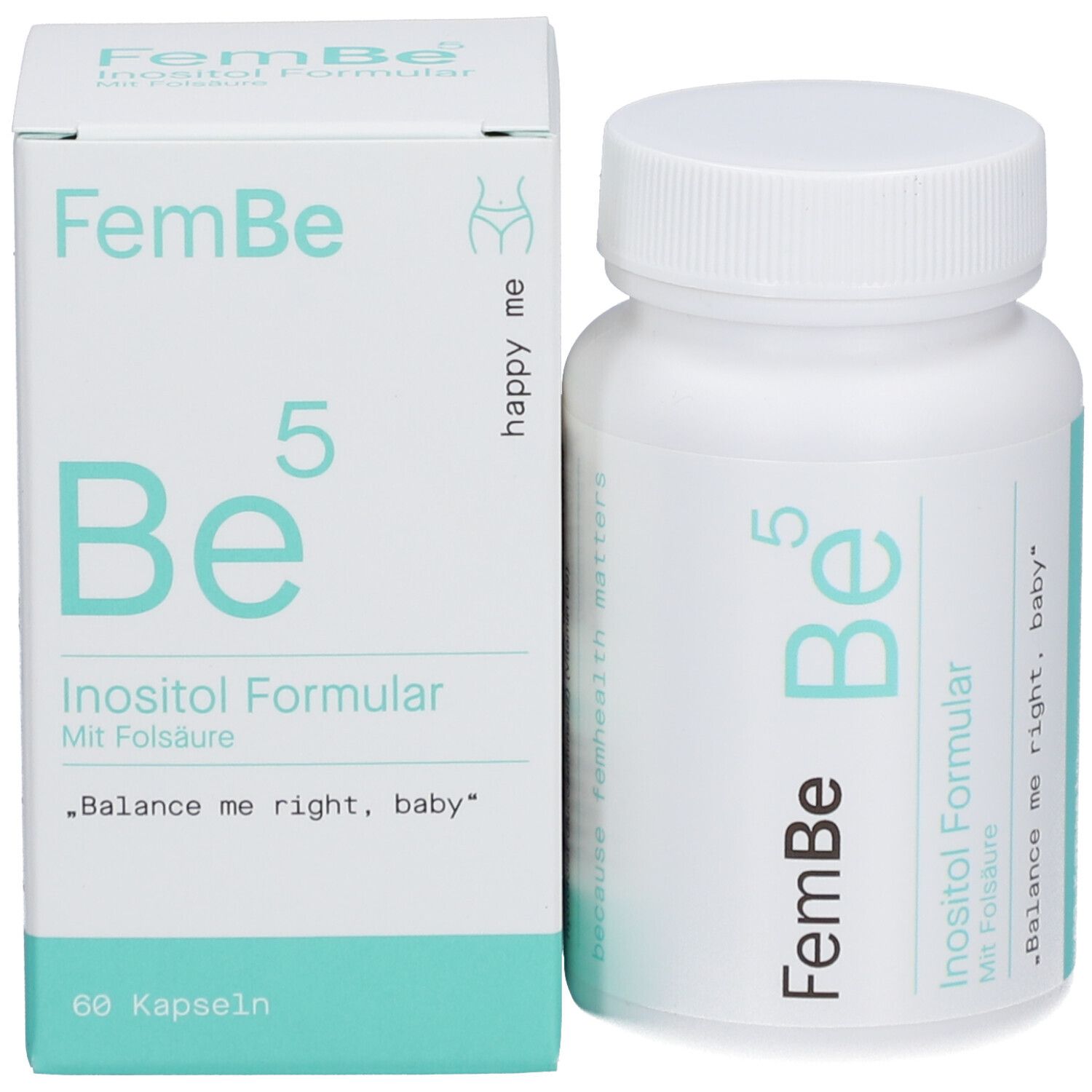 FemBe 5 Inositol Formular Flasche und Schachtel. Aufschrift: 60 Kapseln.