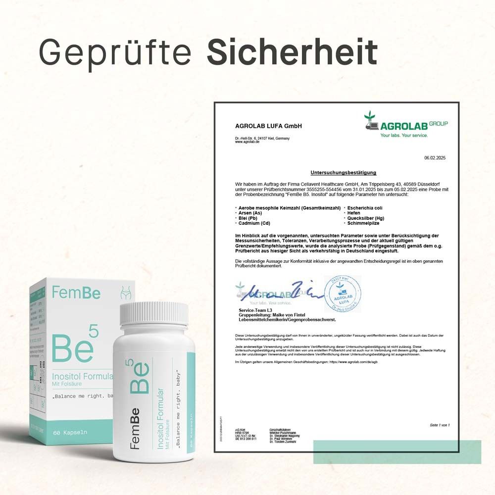 FemBe®-Flasche und Zertifikat. Text: Geprüfte Sicherheit. AGROLAB LUFA GmbH. Analyseergebnis. 06.02.2021.