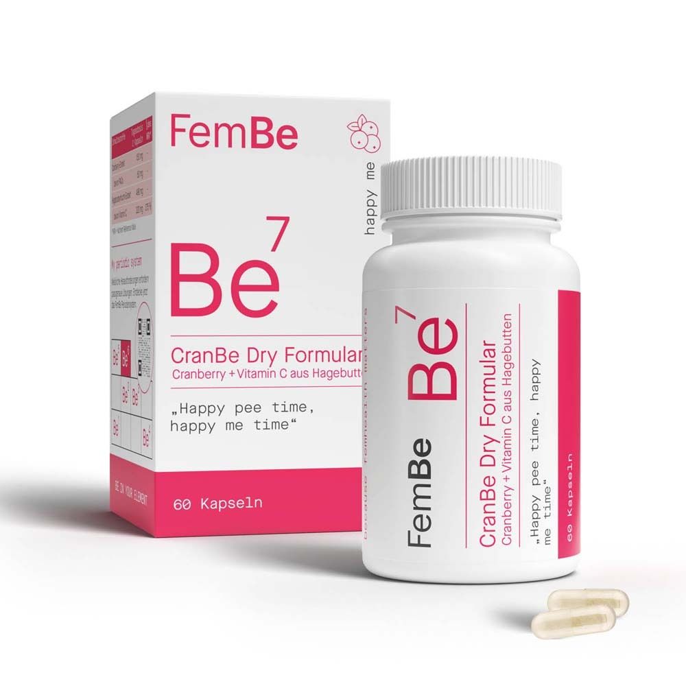 FemBe Be7 CranBe Dry Formular. Weiße Flasche und Schachtel mit Kapseln. Cranberry und Vitamin C.