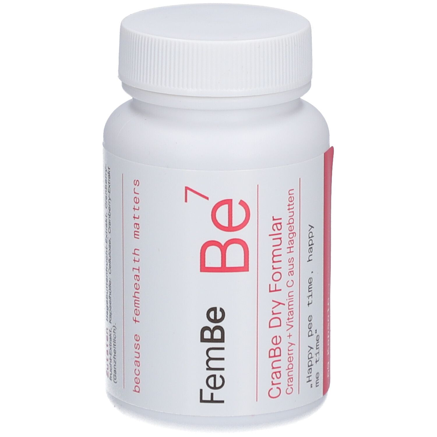 Weiße Flasche mit Kapseln. Aufschrift: FemBe 7, CranBe Dry Formular. Enthält Cranberry und Vitamin C.