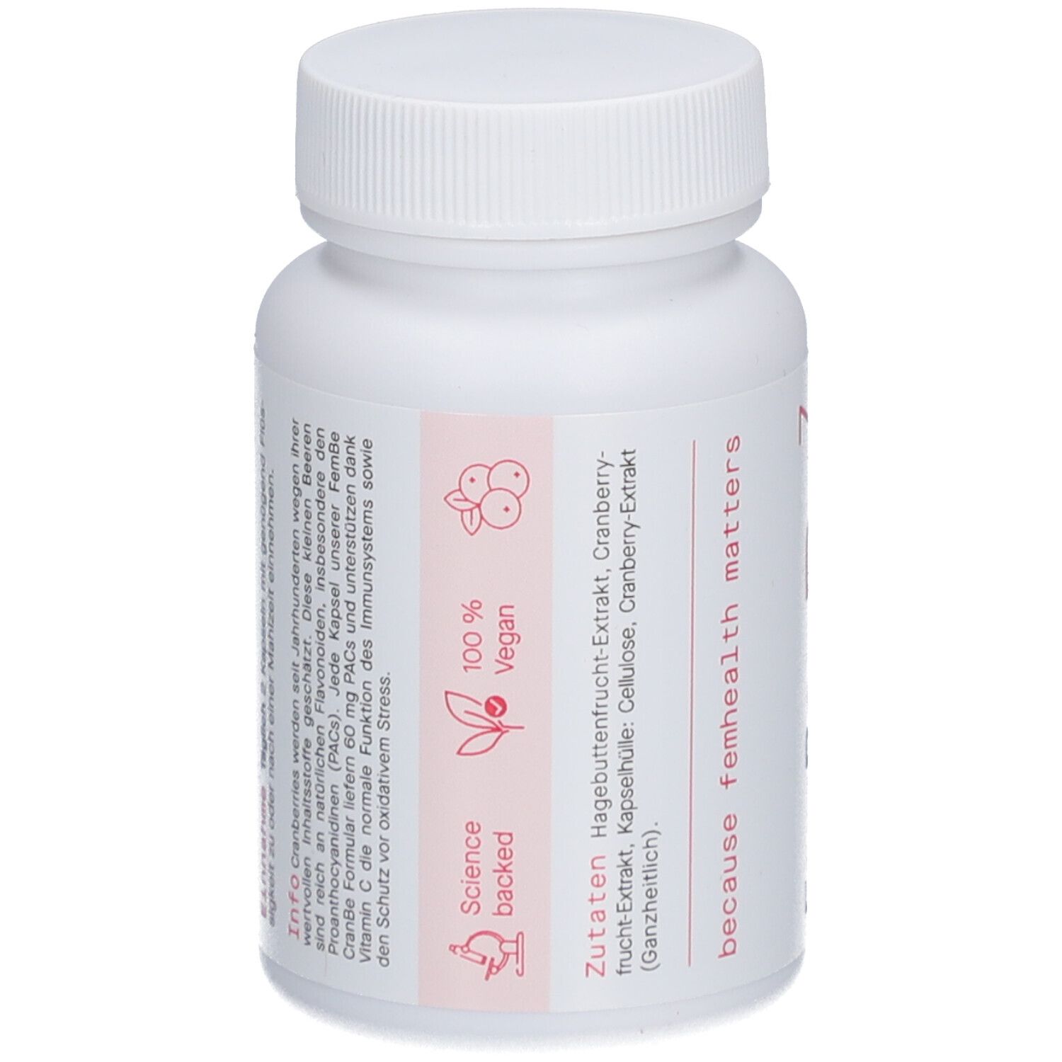 Weiße Flasche mit Kapseln. Aufschrift: FemBe 7, CranBe Dry Formular. Enthält Cranberry-Extrakt, vegan.