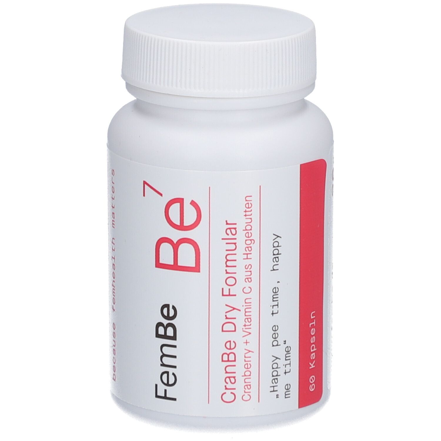 Weiße Flasche mit Kapseln. Aufschrift: FemBe 7, CranBe Dry Formular. Enthält Cranberry und Vitamin C. 60 Kapseln.