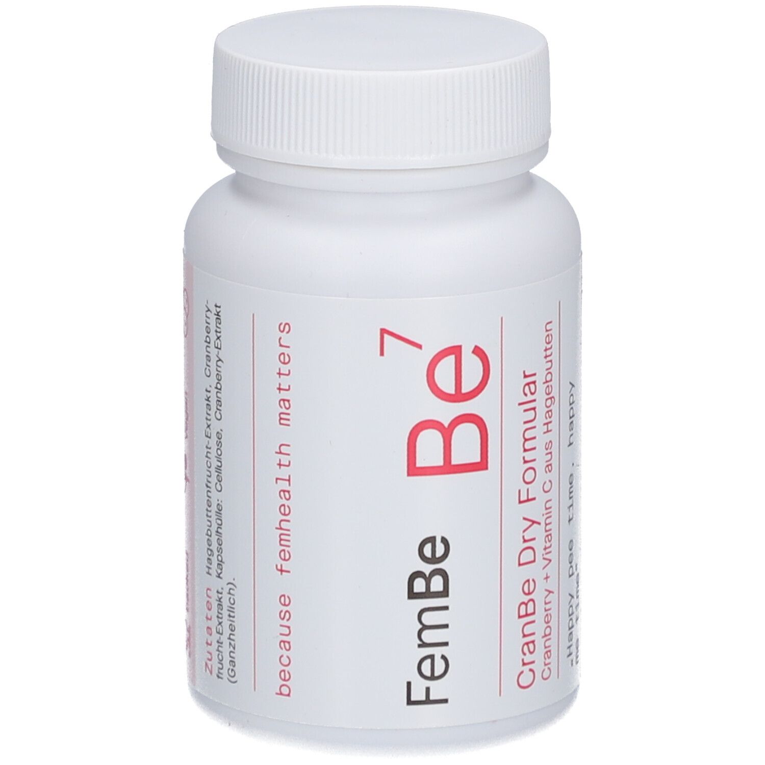 Weiße Flasche mit Kapseln. Aufschrift: FemBe 7, CranBe Dry Formular. Enthält Cranberry und Vitamin C.